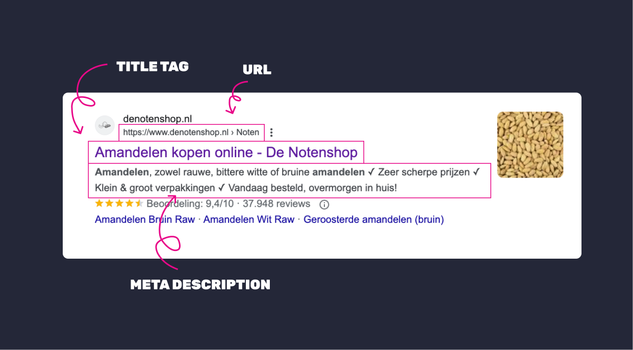 Meta data in de zoekresultaten uitgebeeld. Title tag, URL en Meta description aangewezen.