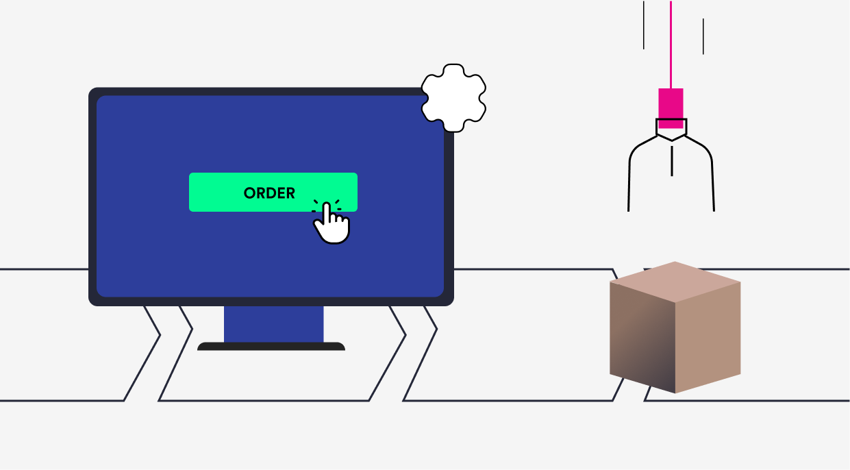 Links wordt een computerscherm getoond waar 'order' op staat. 
Rechts wordt een pakketje getoond op een lopende band. Daarboven pakt een grijphaak dat pakketje op.