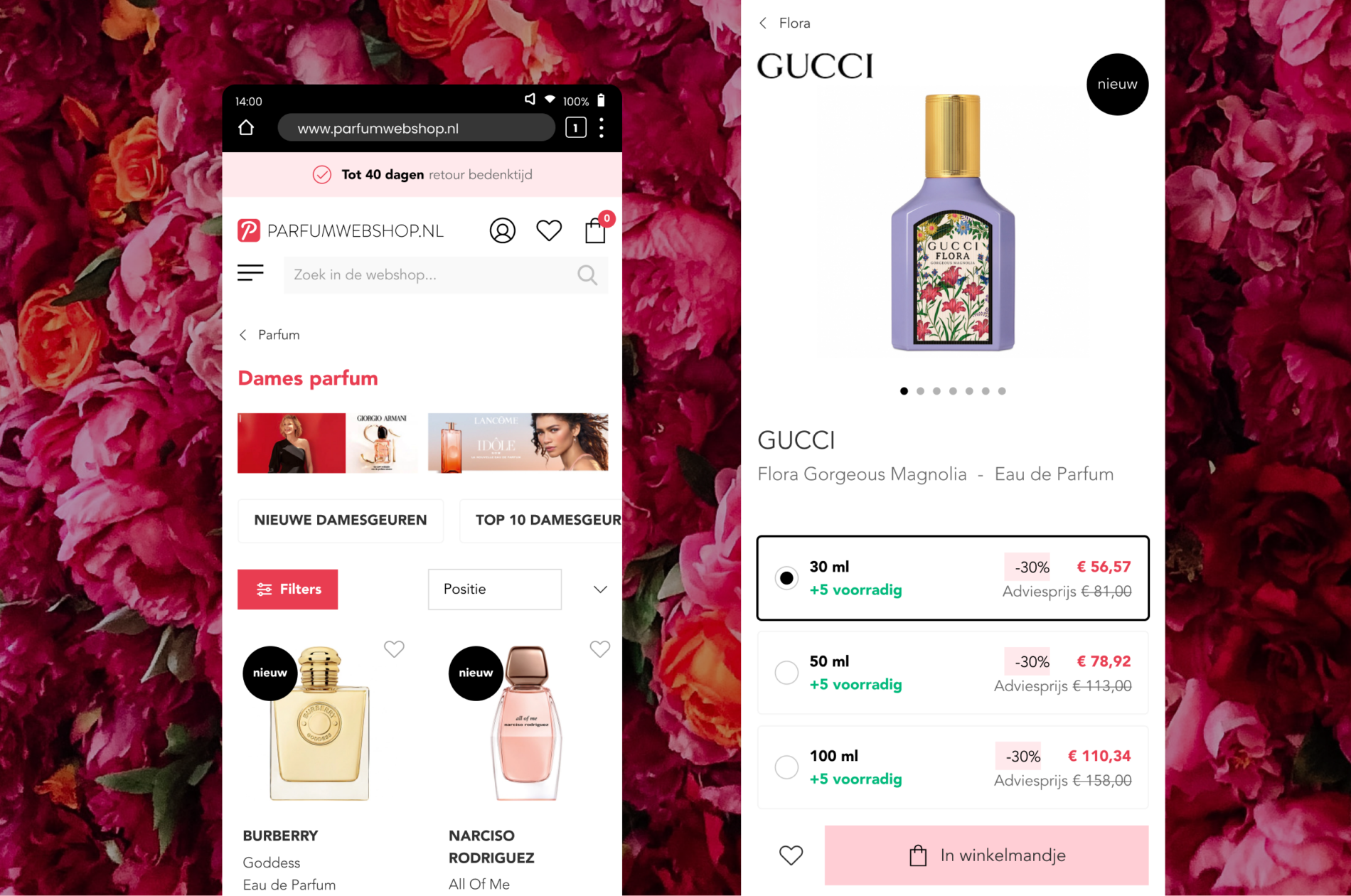 Mobile weergave van de Magento 2 webshop ParfumWebshop