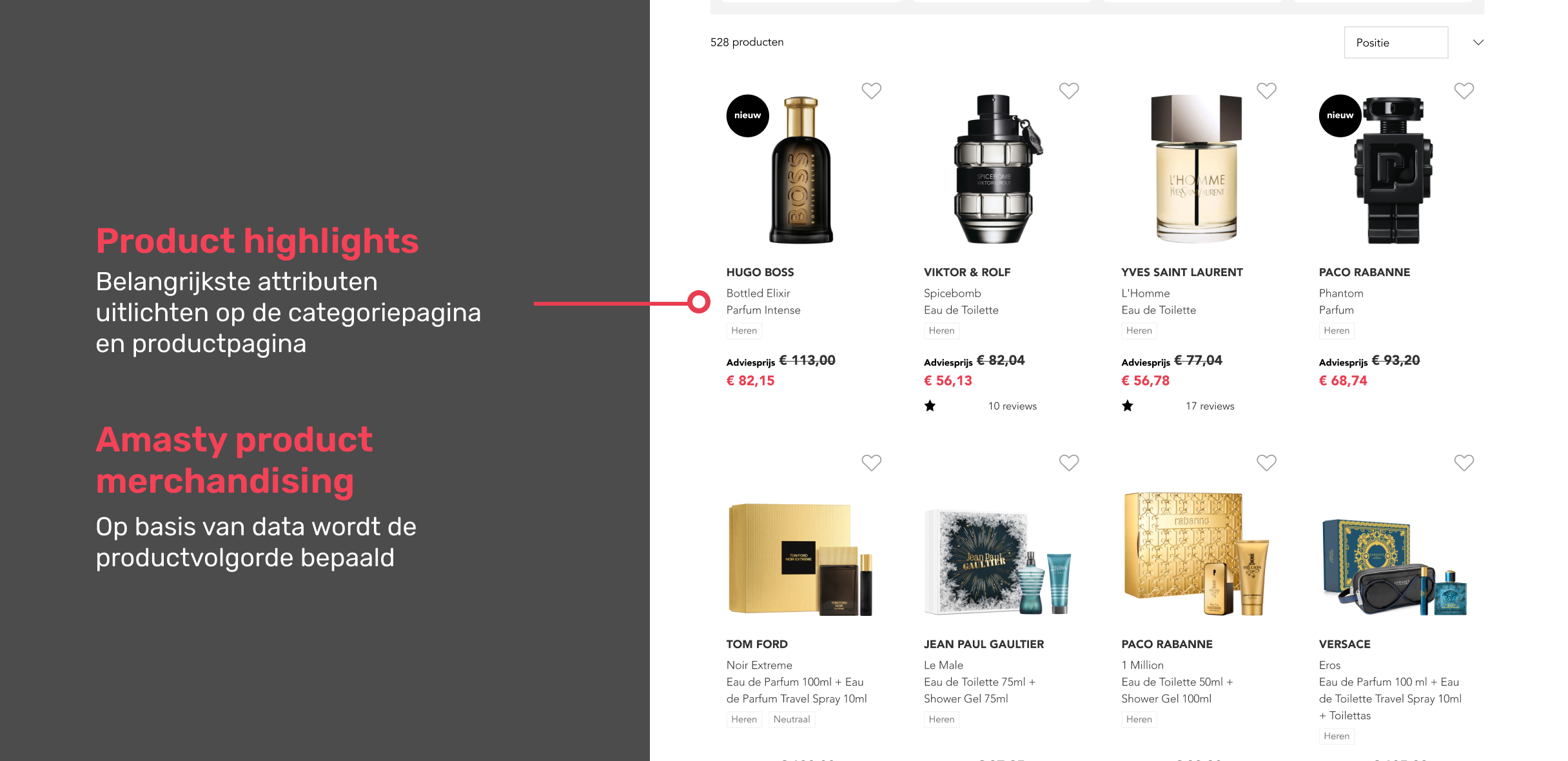 Product highlights: Belangrijkste attributen uitlichten op de categoriepagina en productpagina
Amasty product merchandising: Op basis van data wordt de productvolgorde bepaald